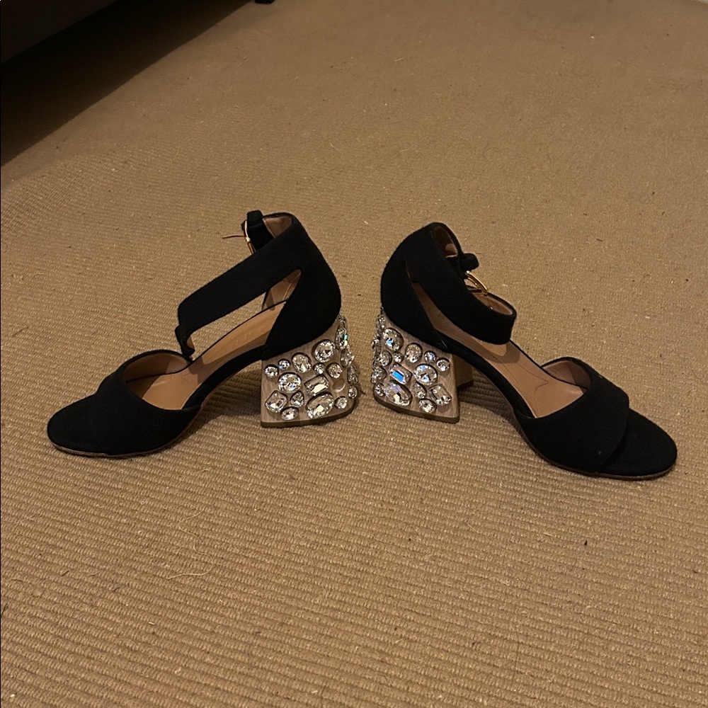 Marni rhinestone stacked black suede heels.
